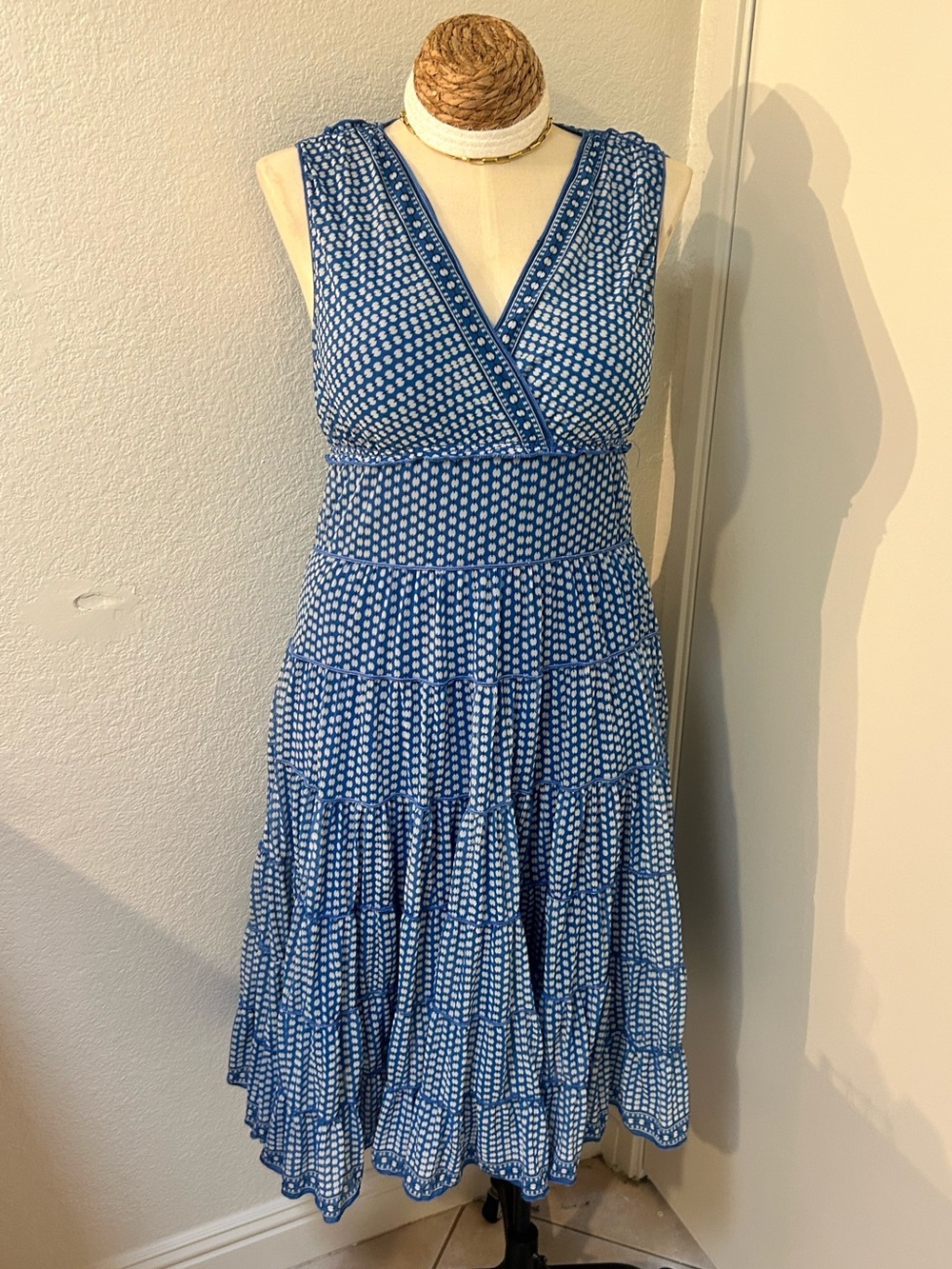 Max Studio Blue & White Printed V-Neck Tiered Midi Dress